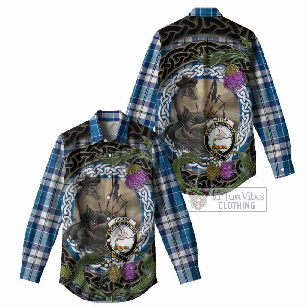 Hutton Tartan Crest Bagpipe Nessie Women Casual Shirt Scottish Loch Ness Monster Celtic Thistle