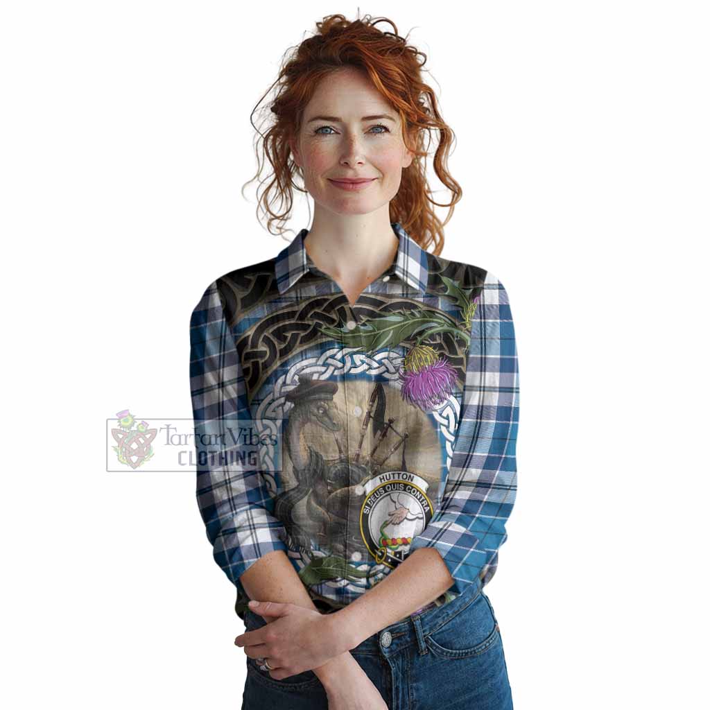 Hutton Tartan Crest Bagpipe Nessie Women Casual Shirt Scottish Loch Ness Monster Celtic Thistle