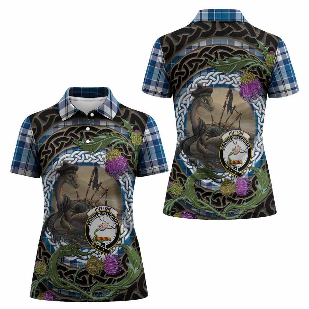 Hutton Tartan Crest Bagpipe Nessie Women Polo Shirt Scottish Loch Ness Monster Celtic Thistle