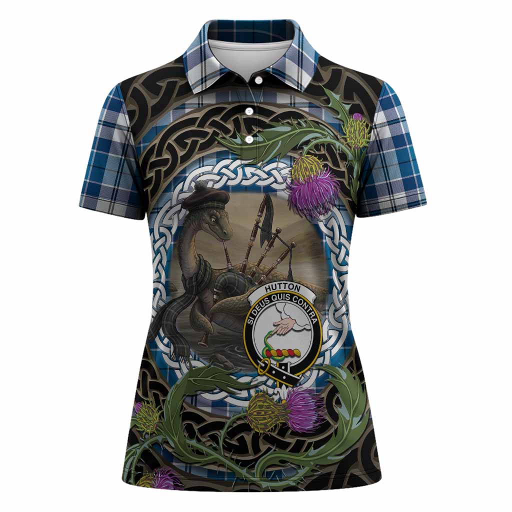 Hutton Tartan Crest Bagpipe Nessie Women Polo Shirt Scottish Loch Ness Monster Celtic Thistle