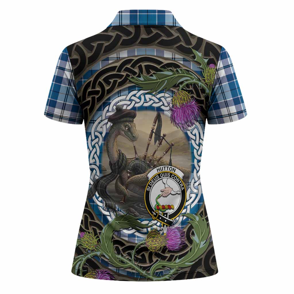 Hutton Tartan Crest Bagpipe Nessie Women Polo Shirt Scottish Loch Ness Monster Celtic Thistle