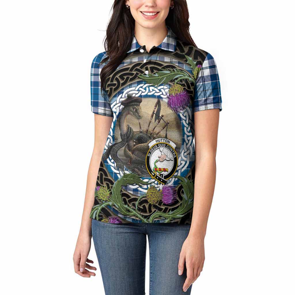 Hutton Tartan Crest Bagpipe Nessie Women Polo Shirt Scottish Loch Ness Monster Celtic Thistle