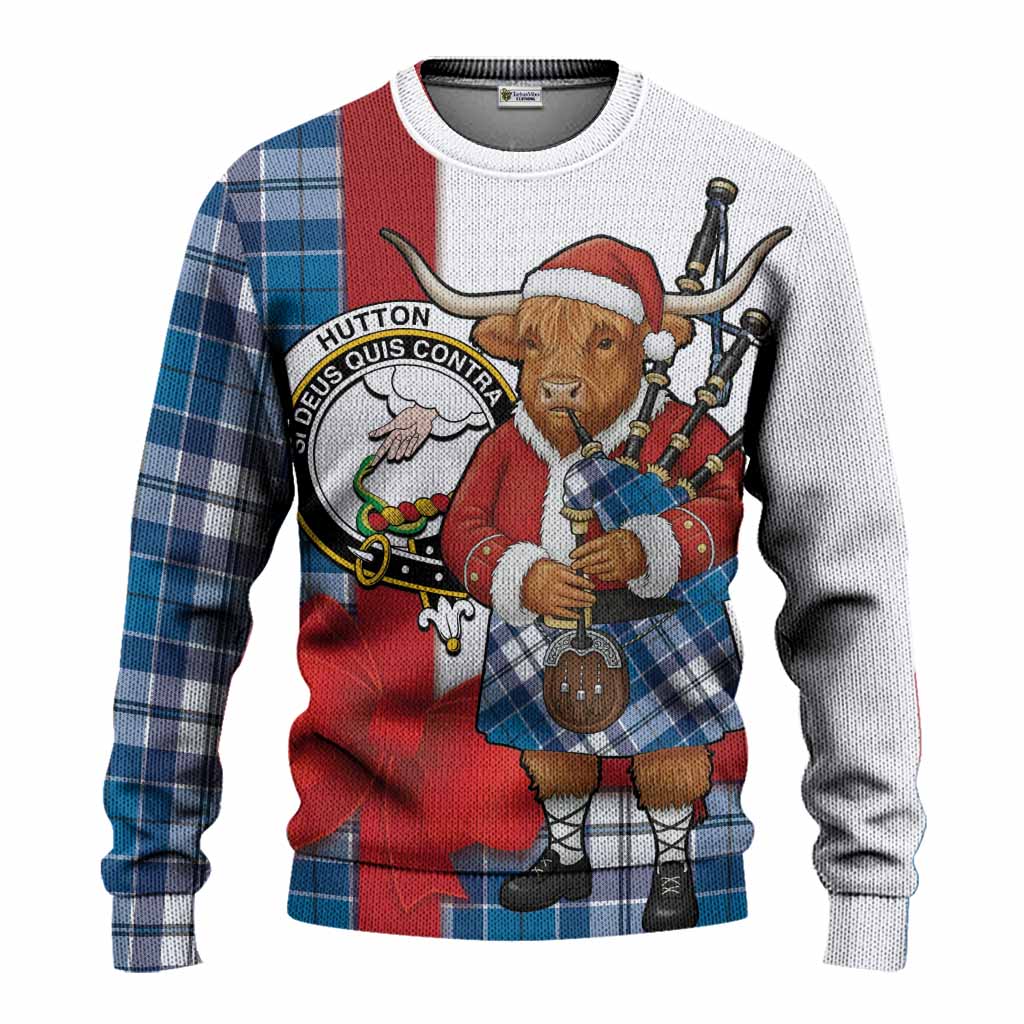 Hutton Tartan Crest Christmas Christmas Ugly Sweater Highland Cow Bagpipes Coquette Bow Style