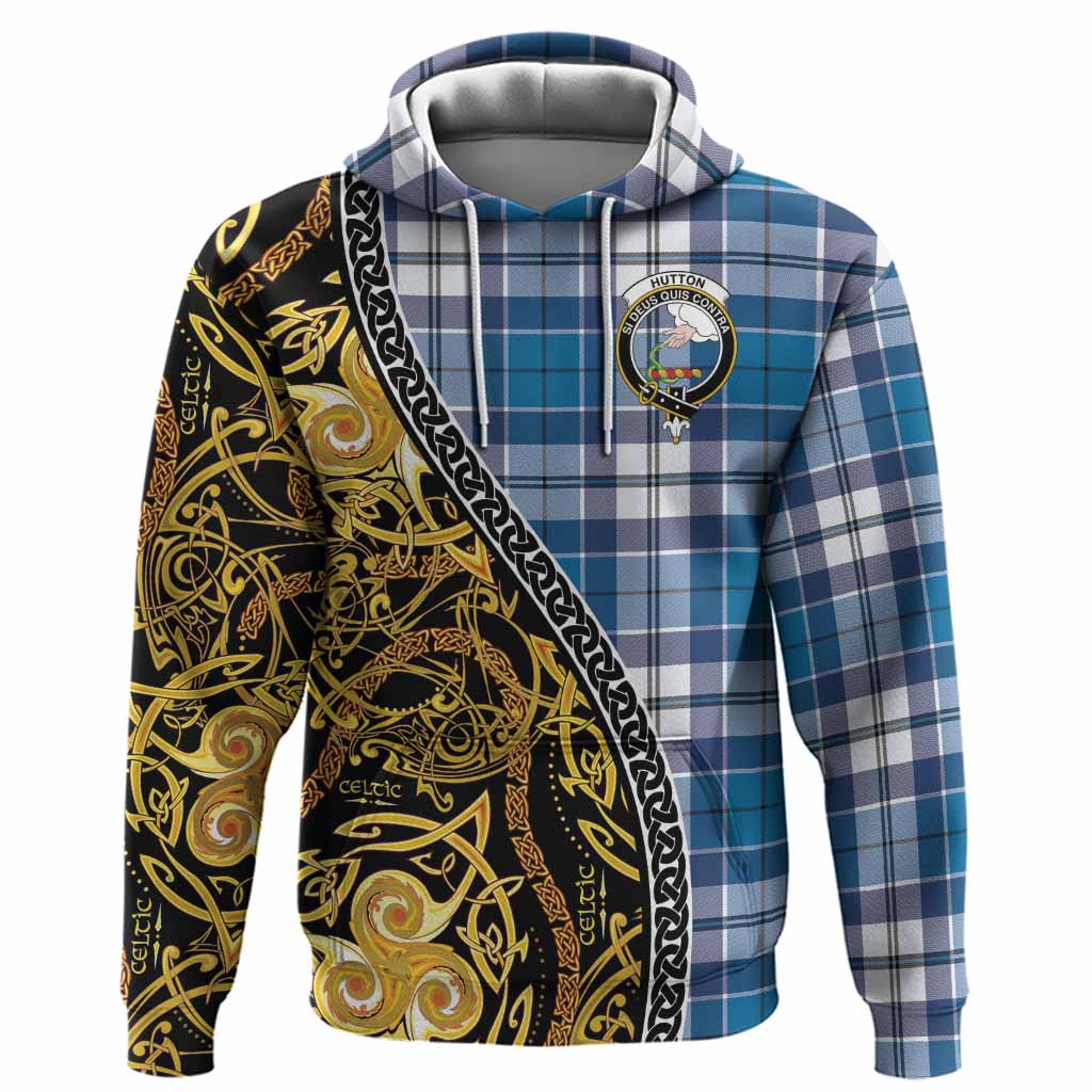 Hutton Tartan Crest Hoodie Celtic Knot and Triple Trickle Spiral Symbols