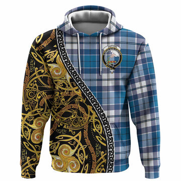 Hutton Tartan Crest Hoodie Celtic Knot and Triple Trickle Spiral Symbols