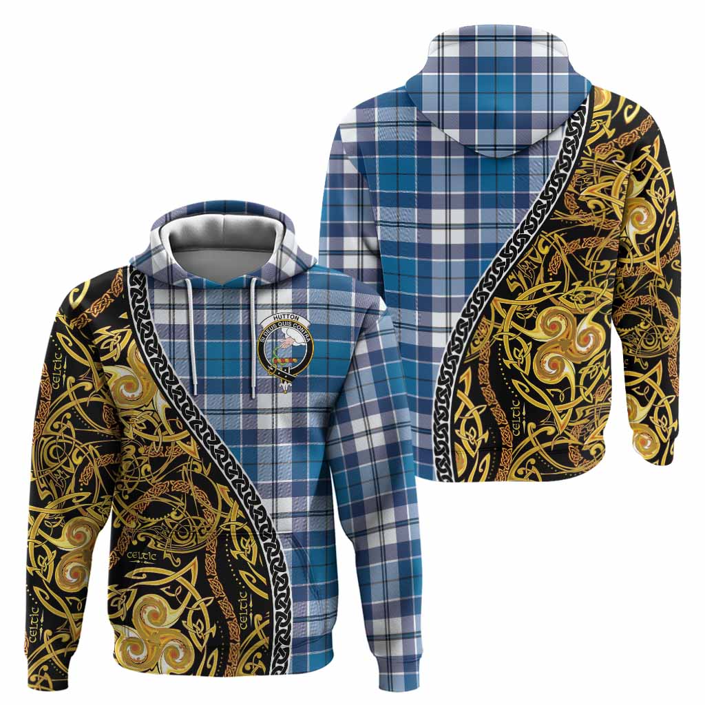 Hutton Tartan Crest Hoodie Celtic Knot and Triple Trickle Spiral Symbols