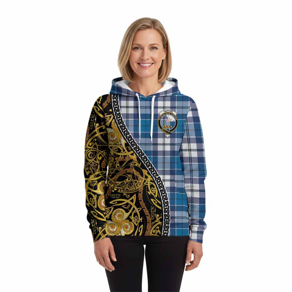 Hutton Tartan Crest Hoodie Celtic Knot and Triple Trickle Spiral Symbols