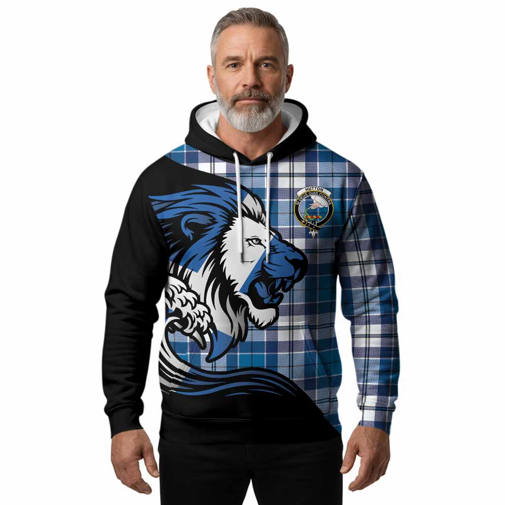 Hutton Tartan Crest Hoodie Scottish Golden Lions Wave Flow