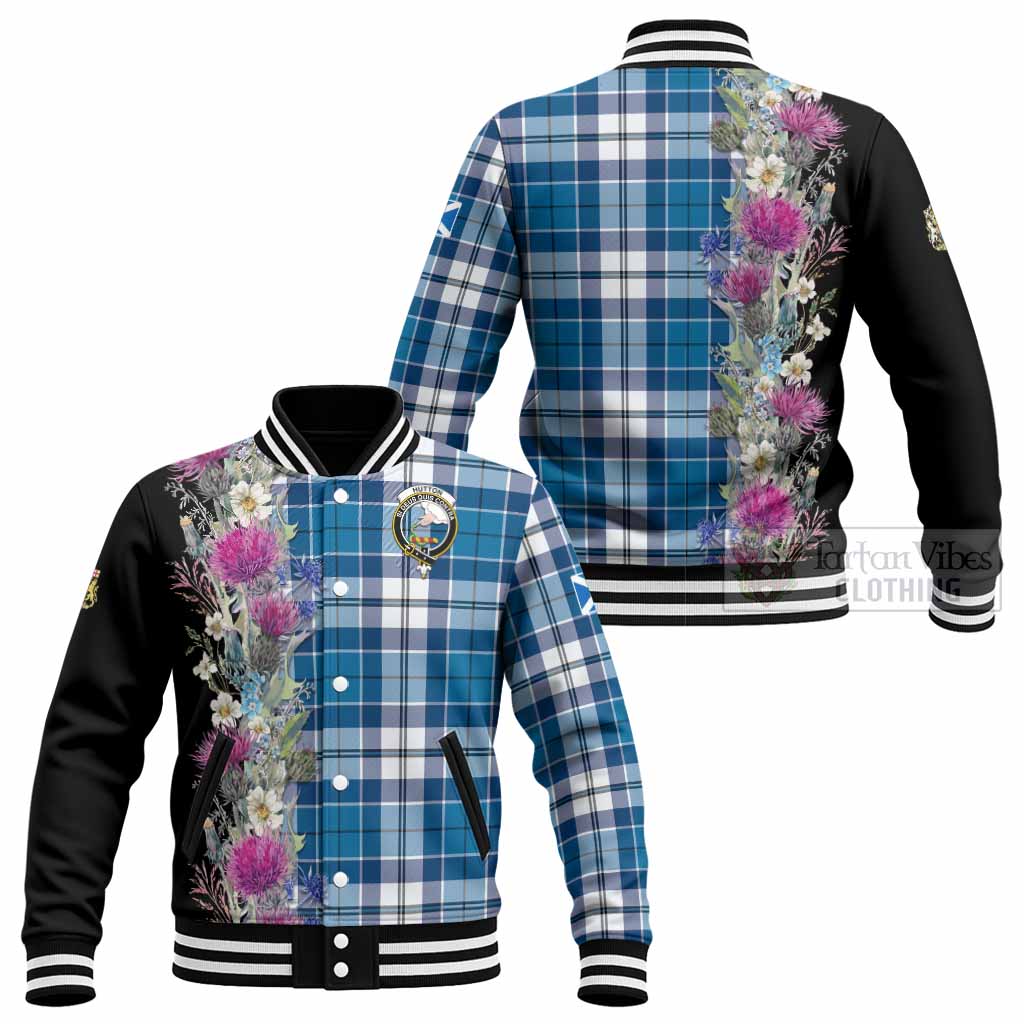 Hutton Tartan Crest Thistle Floral Baseball Jacket - Tartan Vibes Clothing