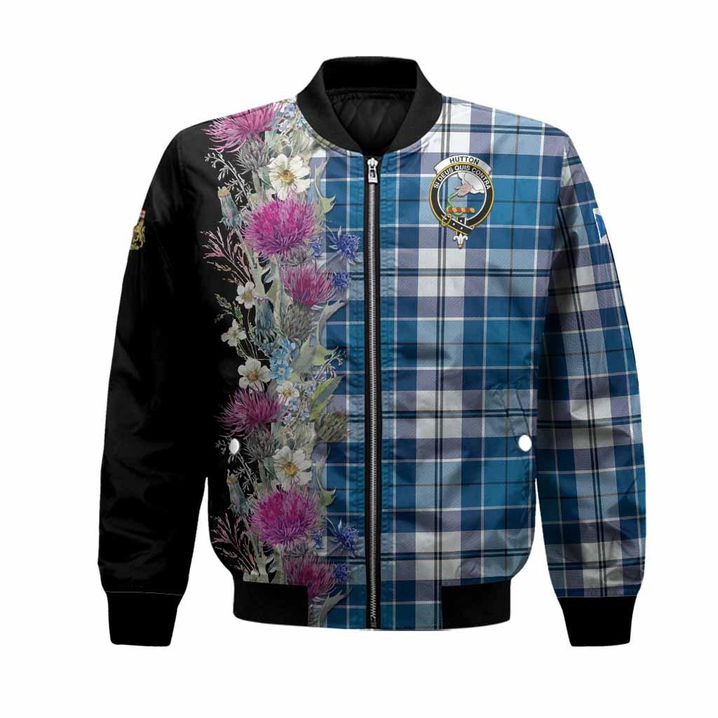 Hutton Tartan Crest Thistle Floral Bomber Jacket Unisex Black - Tartan Vibes Clothing