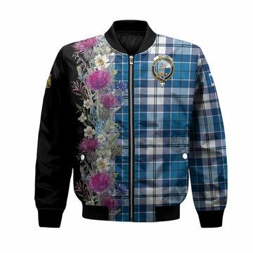 Hutton Tartan Crest Thistle Floral Bomber Jacket Unisex Black - Tartan Vibes Clothing