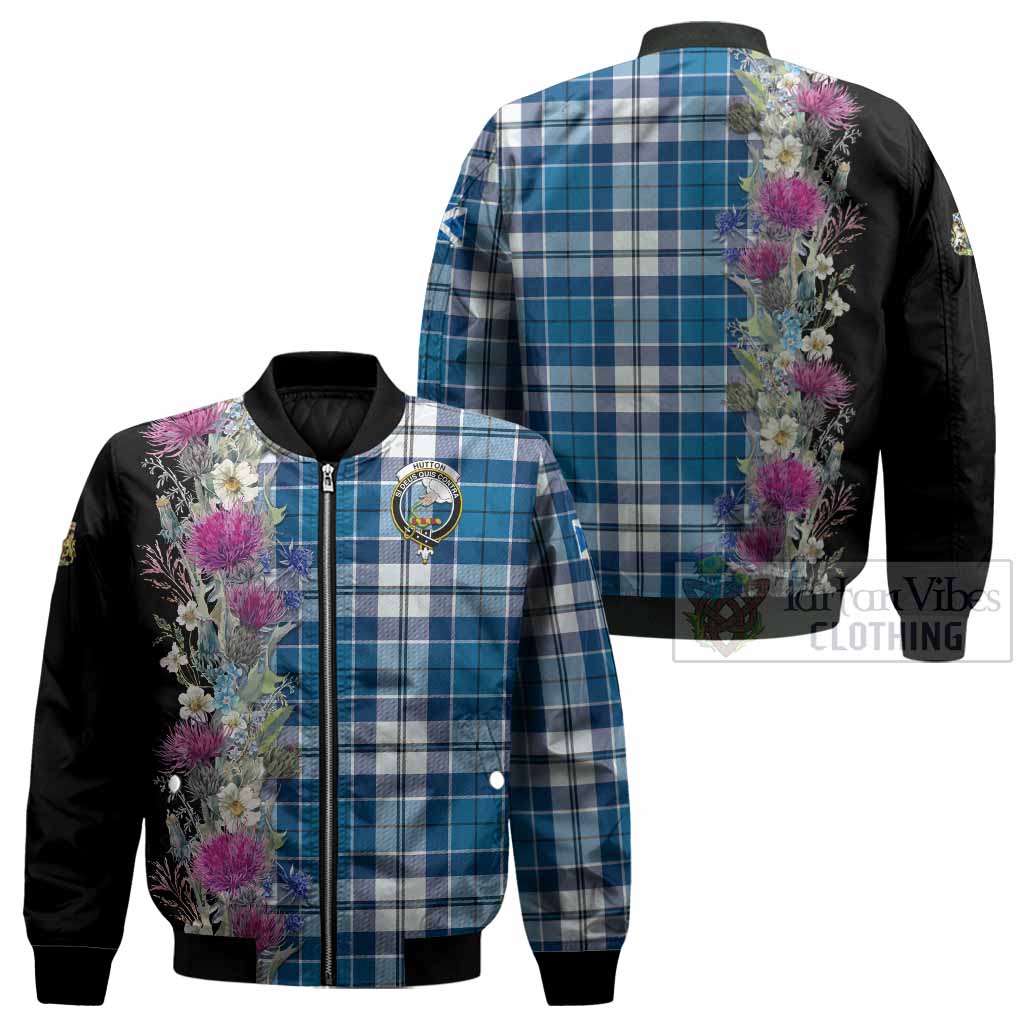 Hutton Tartan Crest Thistle Floral Bomber Jacket - Tartan Vibes Clothing
