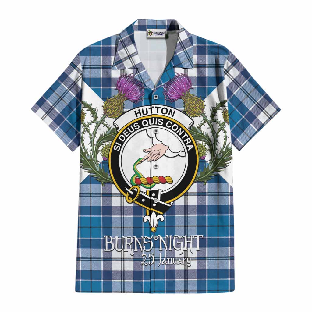 Hutton Tartan Family Crest Cotton Hawaiian Shirt Scottish Burns Night Thistle Floral