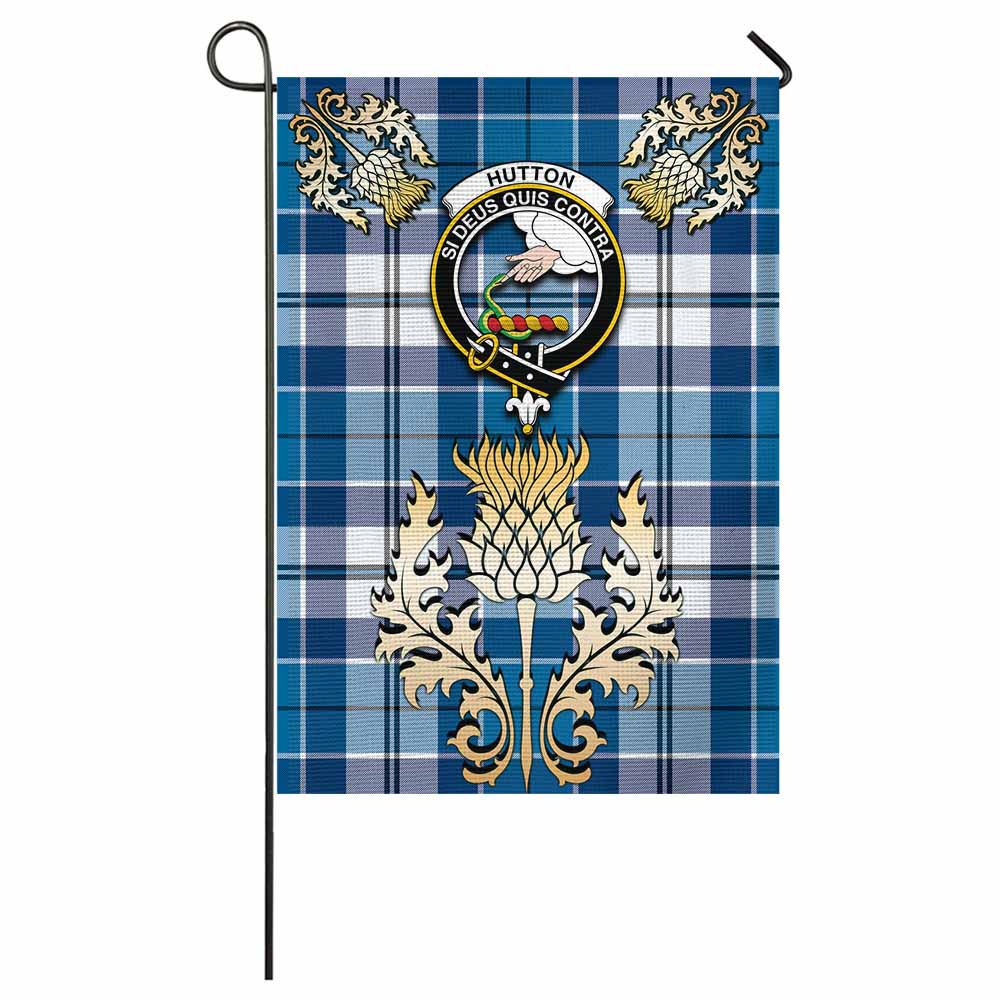 Hutton Tartan Garden Flag with Golden Regal Scottish Thistle Emblem - Tartan Vibes Clothing