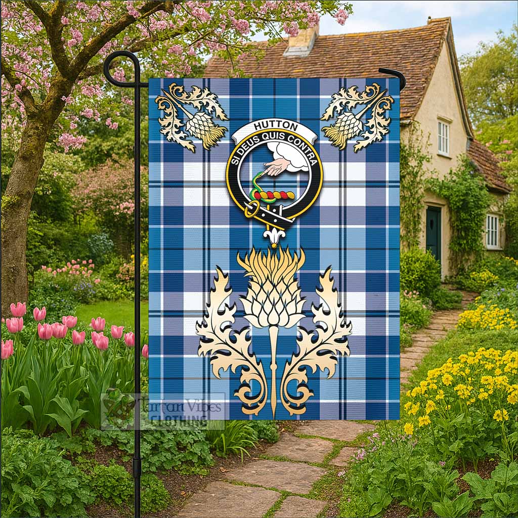Hutton Tartan Garden Flag with Golden Regal Scottish Thistle Emblem - Tartan Vibes Clothing
