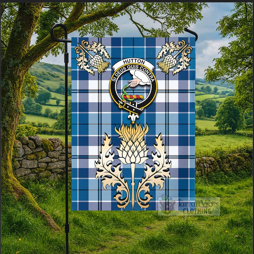 Hutton Tartan Garden Flag with Golden Regal Scottish Thistle Emblem - Tartan Vibes Clothing