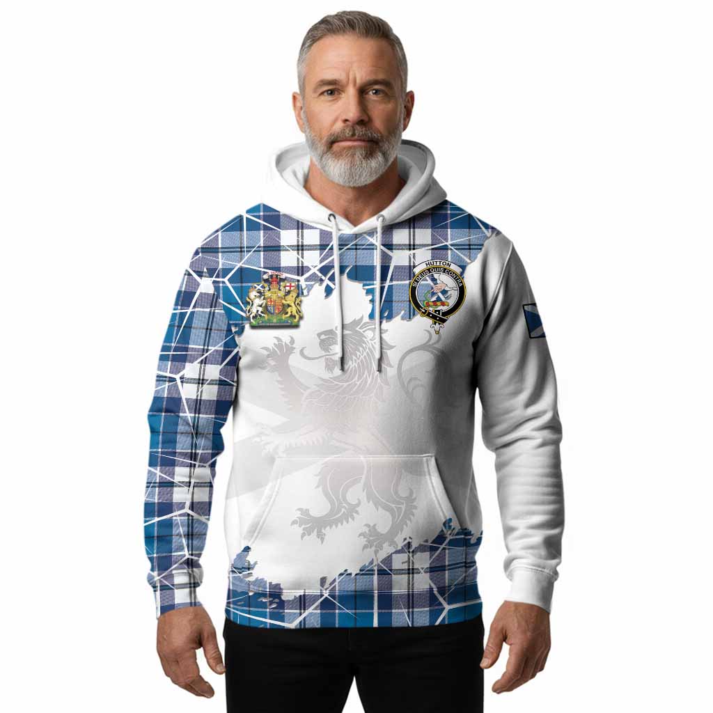 Hutton Tartan Hoodie with Family Crest and Lion Rampant Grunge Style