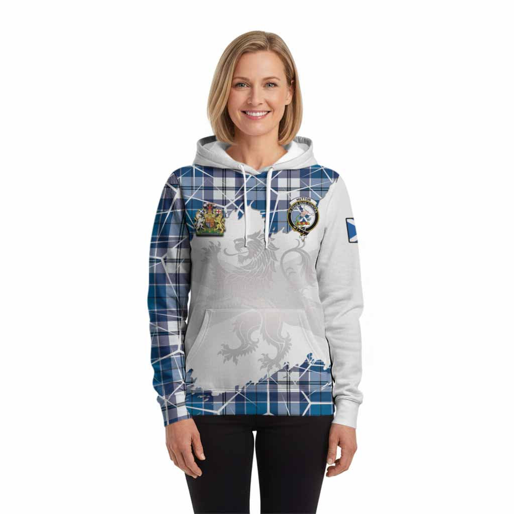Hutton Tartan Hoodie with Family Crest and Lion Rampant Grunge Style