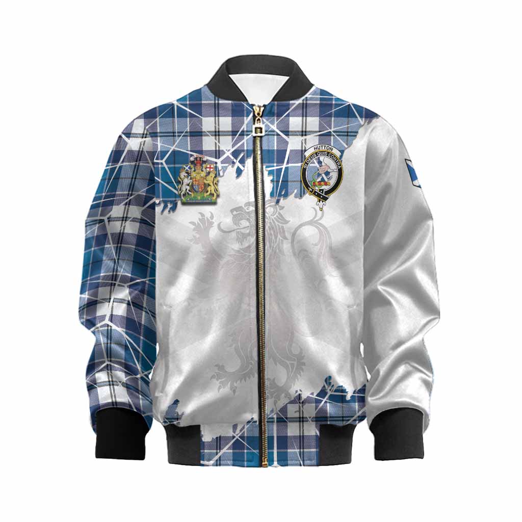 Hutton Tartan Kid Bomber Jacket with Family Crest and Lion Rampant Grunge Style