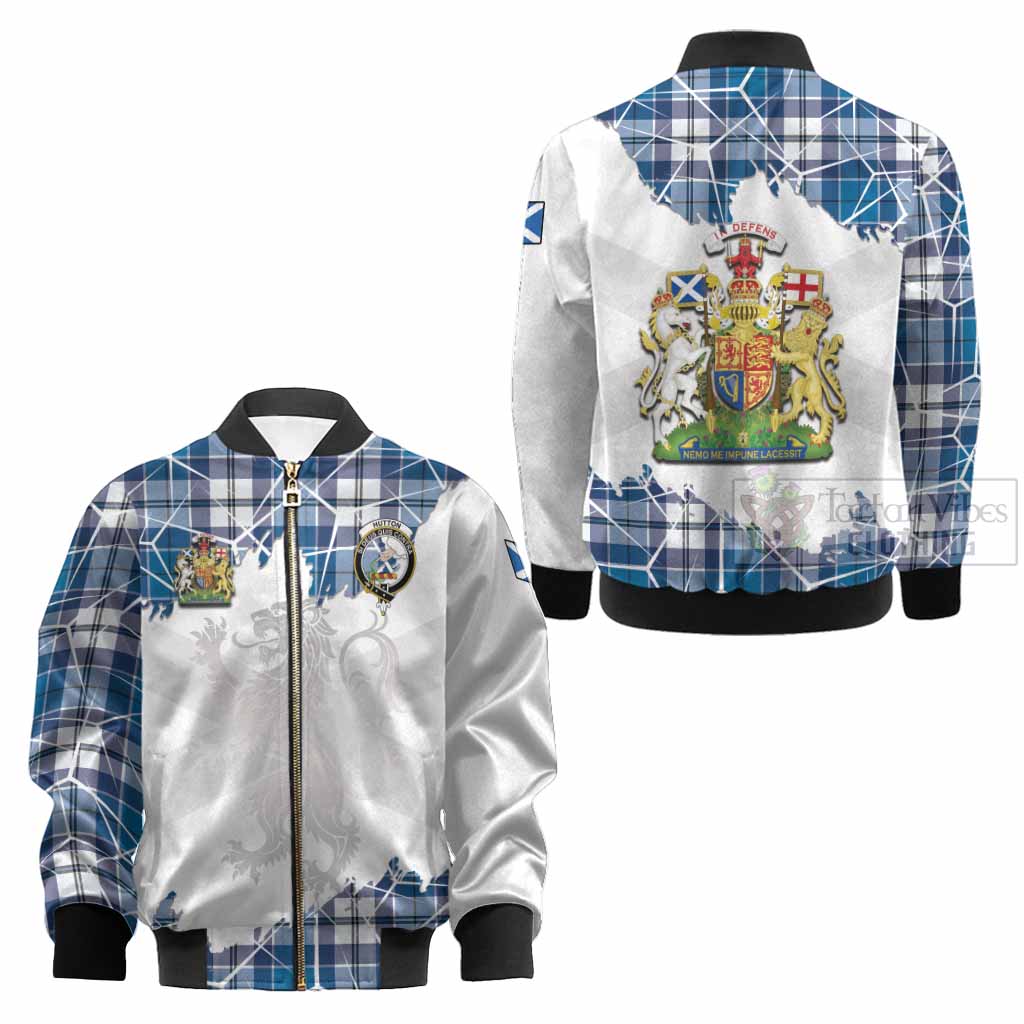 Hutton Tartan Kid Bomber Jacket with Family Crest and Lion Rampant Grunge Style