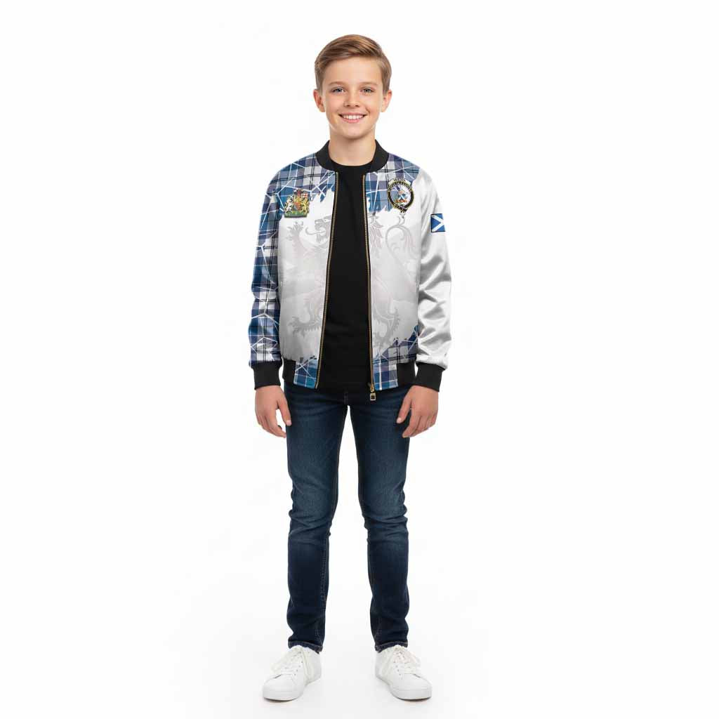 Hutton Tartan Kid Bomber Jacket with Family Crest and Lion Rampant Grunge Style