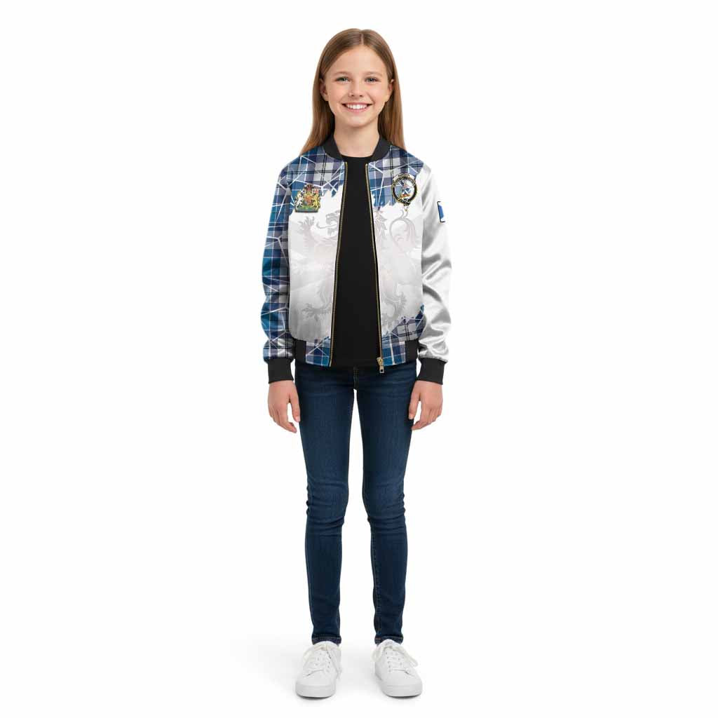 Hutton Tartan Kid Bomber Jacket with Family Crest and Lion Rampant Grunge Style
