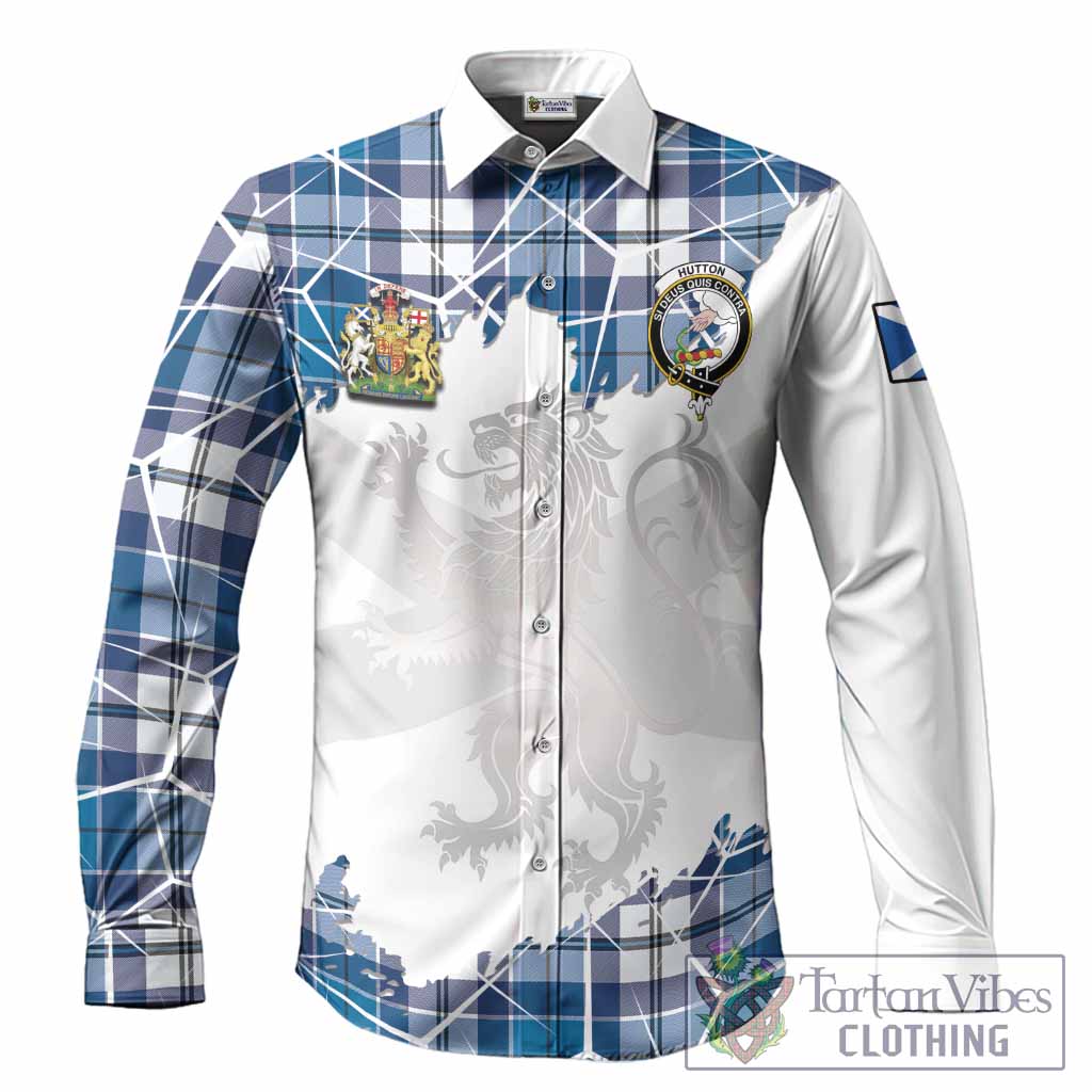 Hutton Tartan Long Sleeve Button Shirts with Family Crest and Lion Rampant Grunge Style