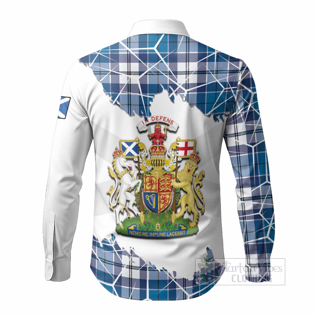 Hutton Tartan Long Sleeve Button Shirts with Family Crest and Lion Rampant Grunge Style