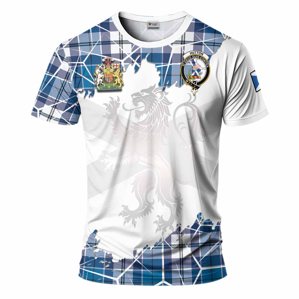 Hutton Tartan T-Shirt with Family Crest and Lion Rampant Grunge Style