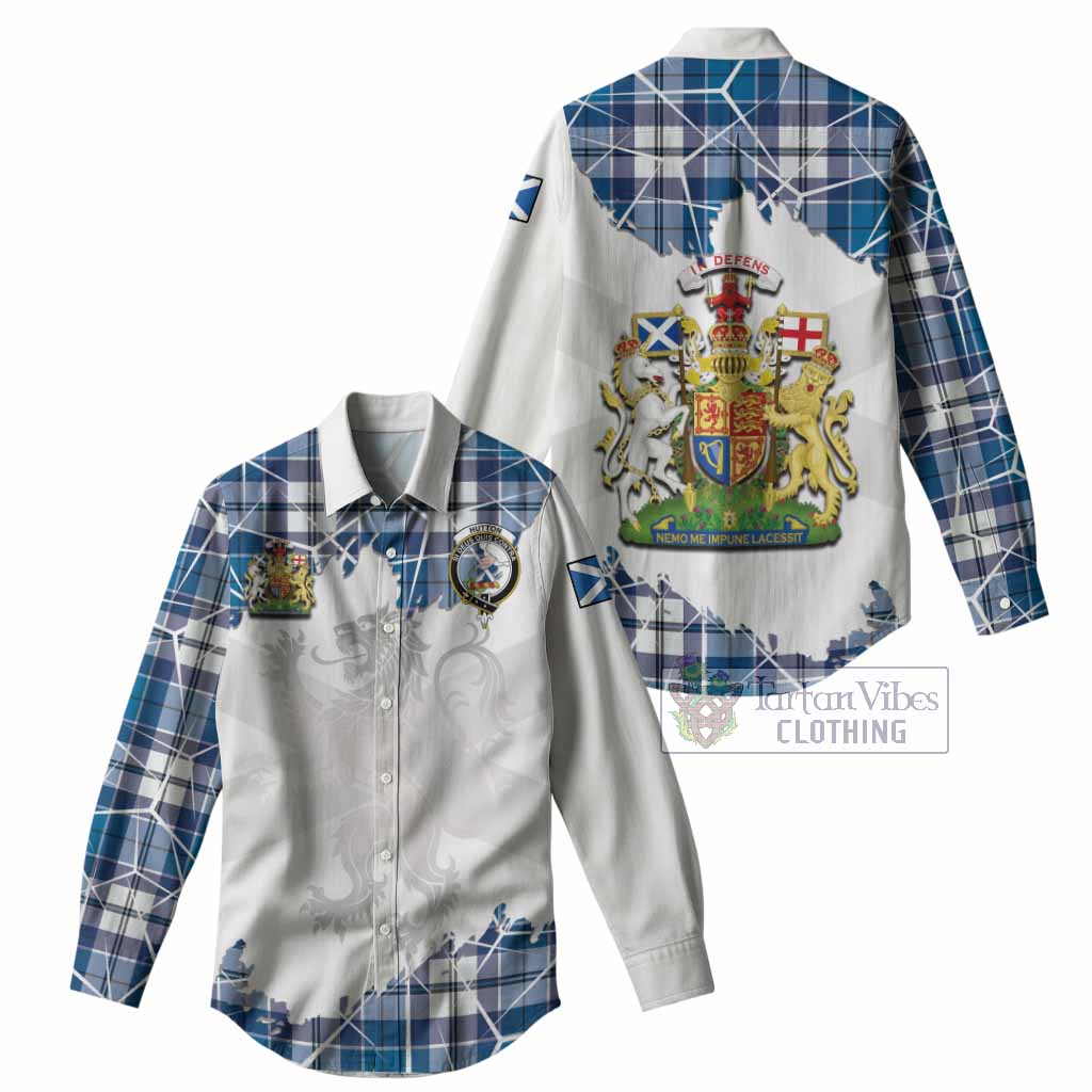 Hutton Tartan Women Casual Shirt with Family Crest and Lion Rampant Grunge Style