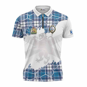 Hutton Tartan Zipper Polo Shirt with Family Crest and Lion Rampant Grunge Style