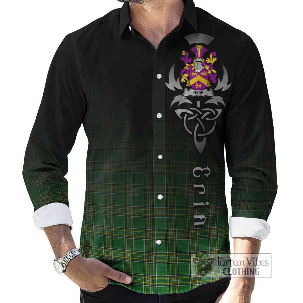Tartan Vibes Clothing Hyde Irish Clan Long Sleeve Button Shirt with Coat of Arms Erin Go Bragh Celtic Inspired