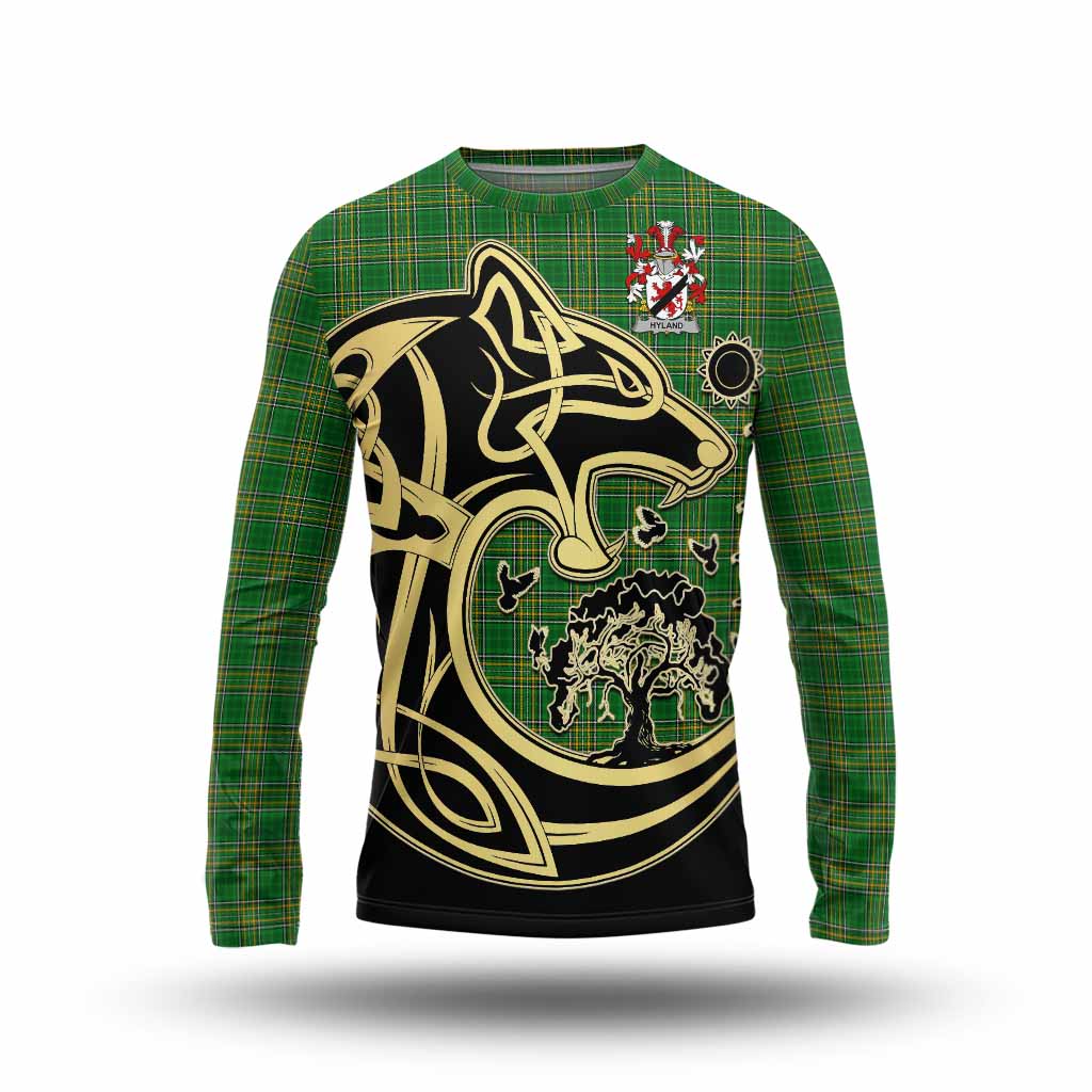 Tartan Vibes Clothing Hyland Irish Tartan Long Sleeve T-Shirt with Coat of Arms Celtic Wolf Style