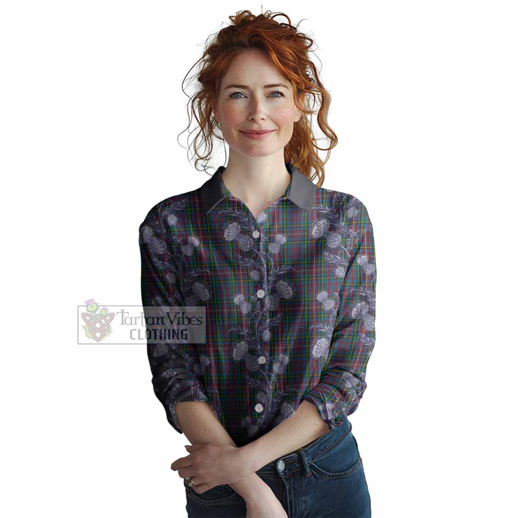 Hyndman Tartan Women Casual Shirt Seamless Scottish Thistle Flowers