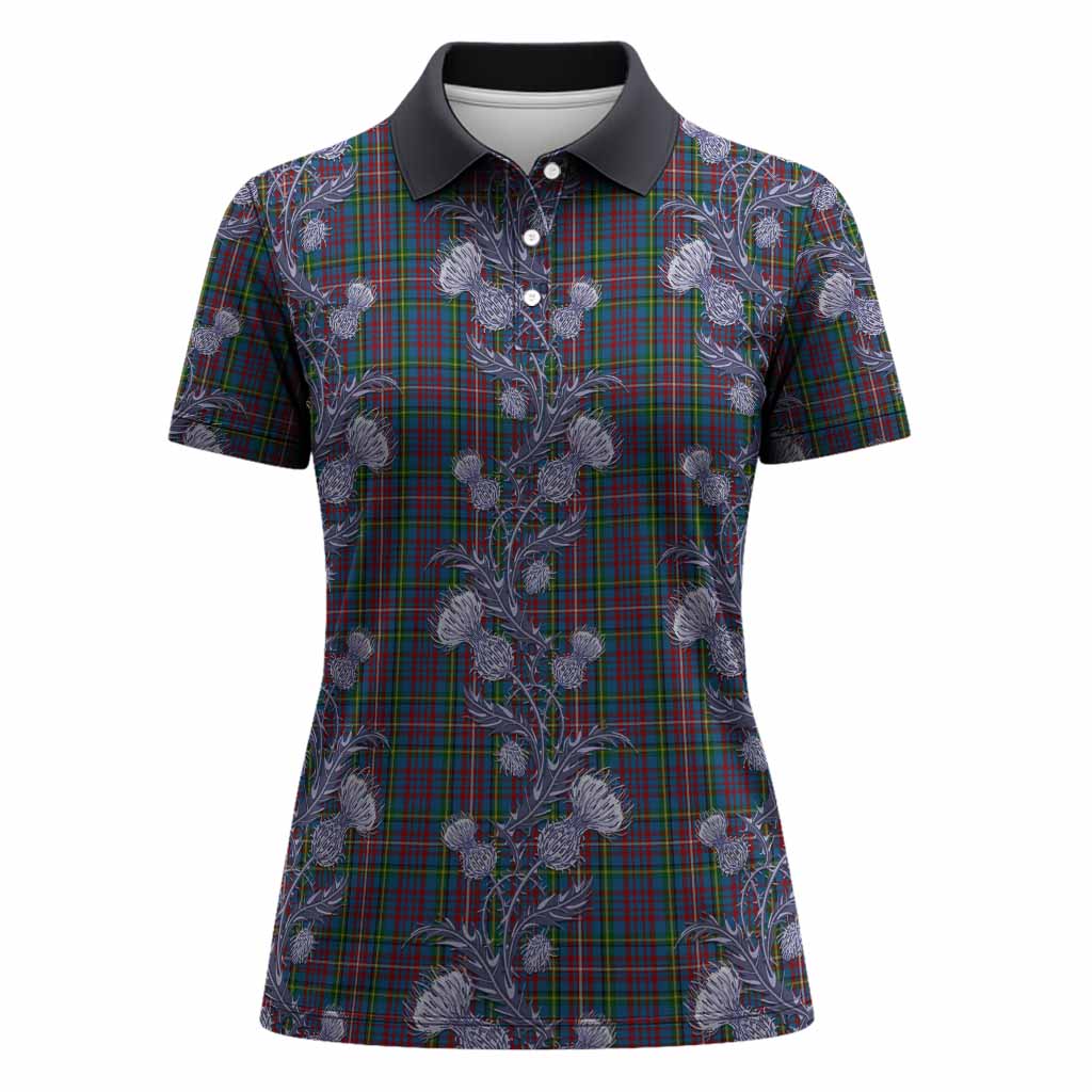 Hyndman Tartan Women Polo Shirt Seamless Scottish Thistle Flowers