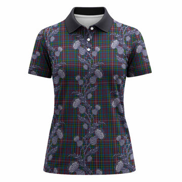 Hyndman Tartan Women Polo Shirt Seamless Scottish Thistle Flowers