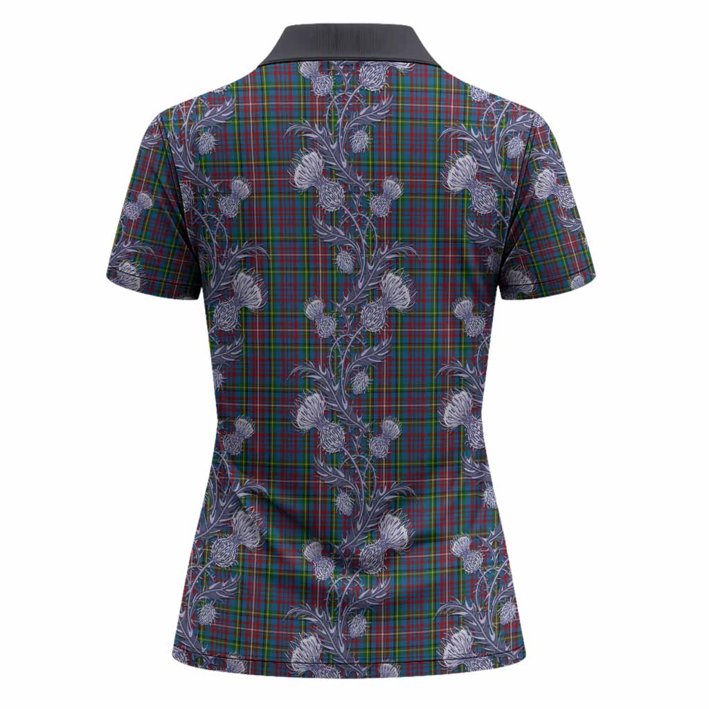 Hyndman Tartan Women Polo Shirt Seamless Scottish Thistle Flowers