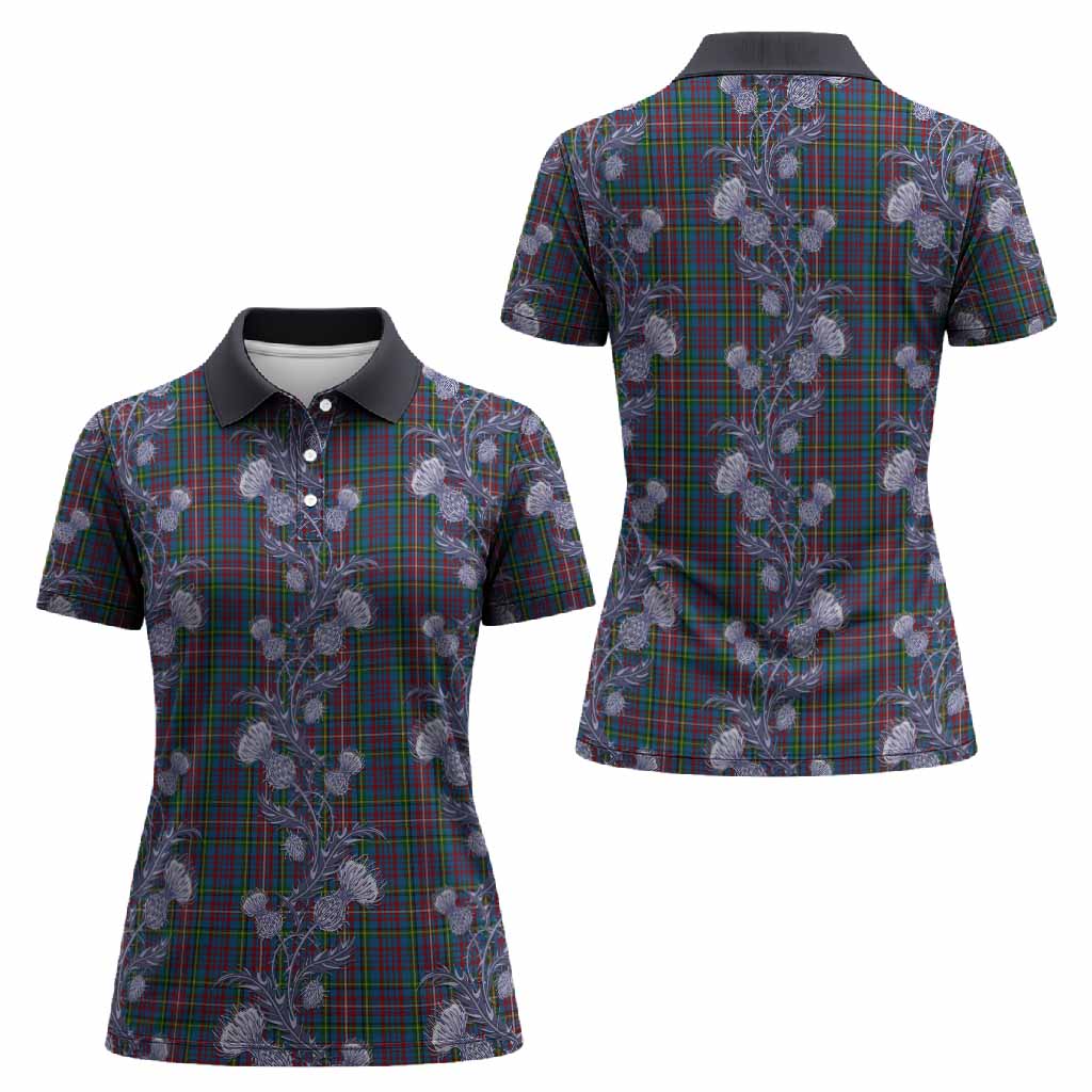 Hyndman Tartan Women Polo Shirt Seamless Scottish Thistle Flowers