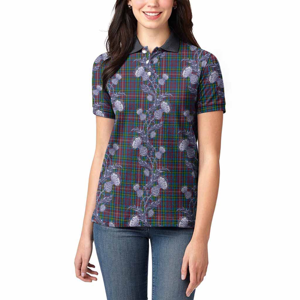Hyndman Tartan Women Polo Shirt Seamless Scottish Thistle Flowers