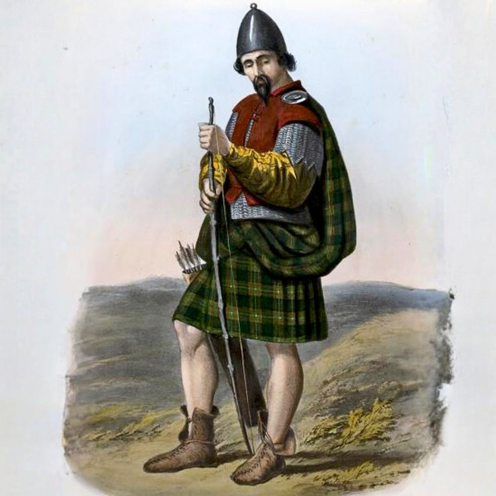 Illustration of a 17th-century MacLaurin clansman in traditional Highland dress
