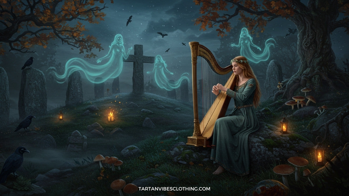 Illustration of a Celtic folk tale told during Samhain featuring spirits and magical crossroads.