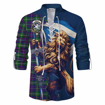 Inglis Tartan Family Crest Ghillie Kilt Shirt with Scottish Majestic Lion Men - Tartan Vibes Clothing