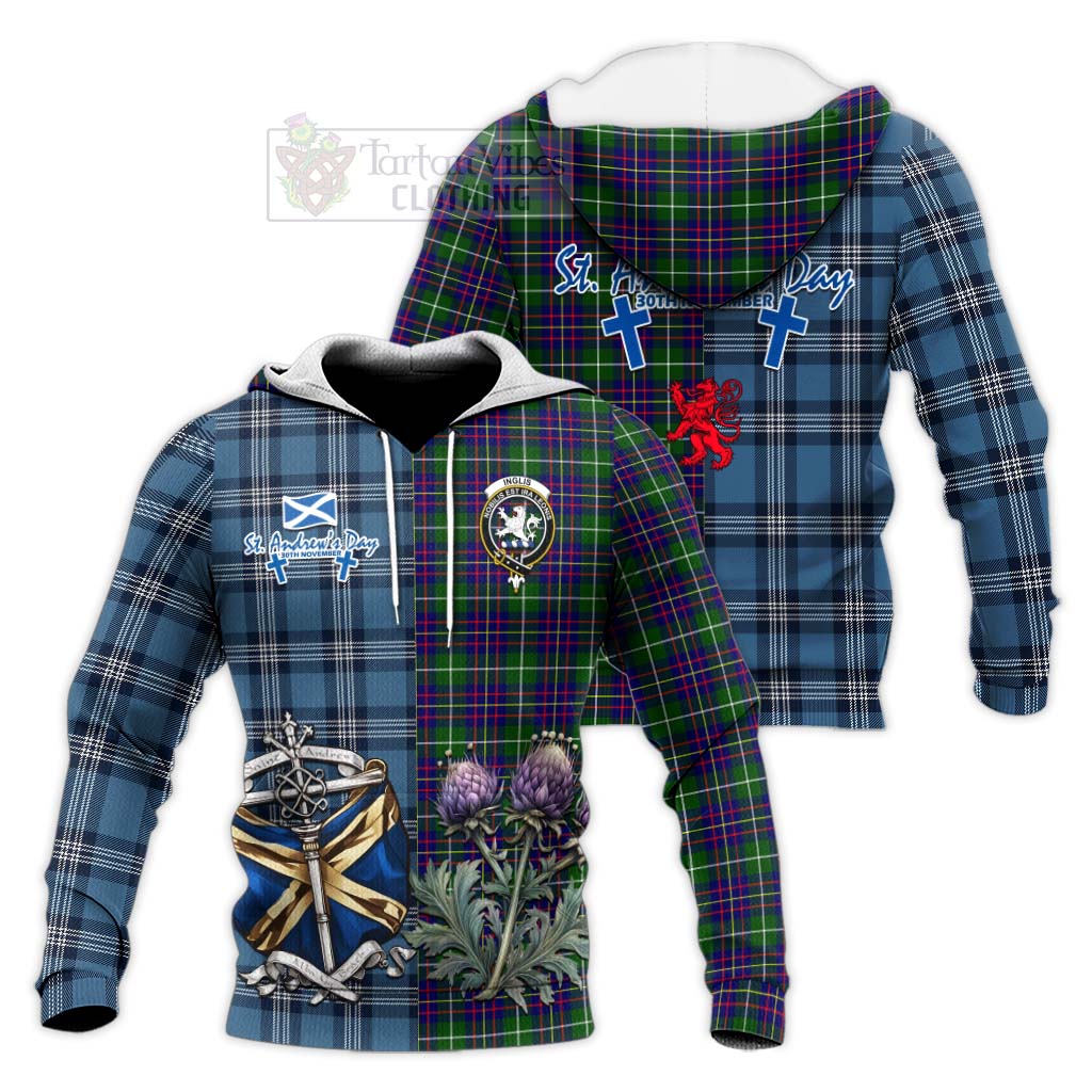 Inglis Tartan Knitted Hoodie Happy St. Andrew's Day Half Tartan Style Unisex Knitted Pullover Hoodie - Tartan Vibes Clothing