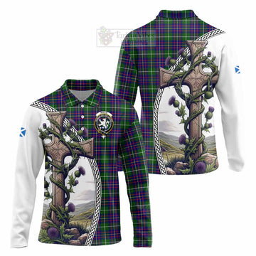 Inglis Tartan Long Sleeve Polo Shirt with Family Crest and St. Andrew's Cross Accented by Thistle Vines Unisex - Tartan Vibes Clothing