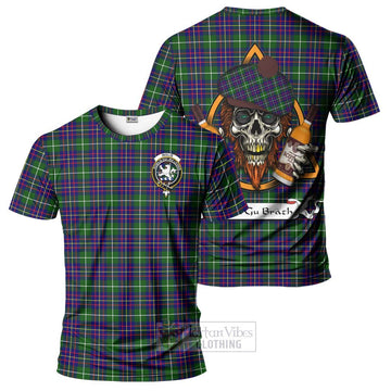Inglis Tartan T-Shirt with Family Crest and Bearded Skull Holding Bottles of Whiskey