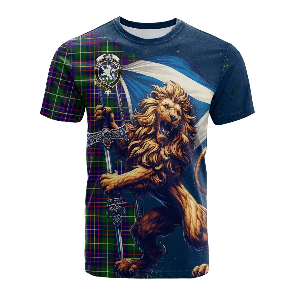 Tartan Vibes Clothing Inglis Tartan Family Crest Cotton T-shirt with Scottish Majestic Lion