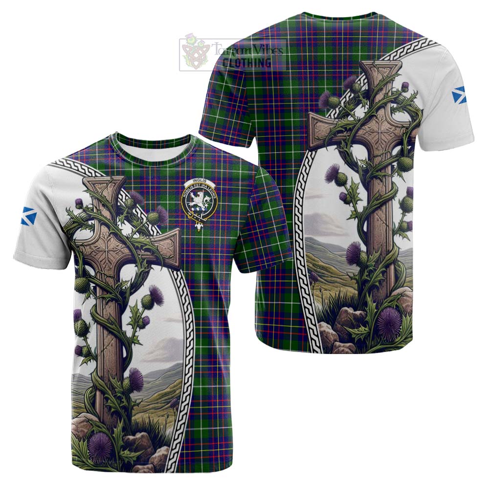 Tartan Vibes Clothing Inglis Tartan Cotton T-shirt with Family Crest and St. Andrew's Cross Accented by Thistle Vines