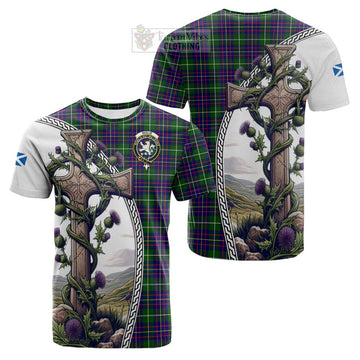 Inglis Tartan Cotton T-shirt with Family Crest and St. Andrew's Cross Accented by Thistle Vines