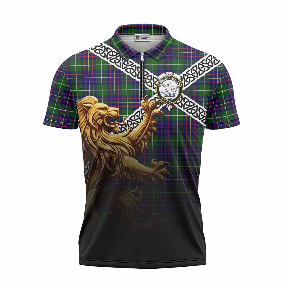 Inglis Crest Tartan Zipper Polo Shirt with Golden Lion Emblem Celtic Style Unisex - Tartan Vibes Clothing