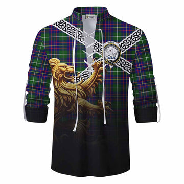 Inglis Crest Tartan Ghillie Kilt Shirt with Golden Lion Emblem Celtic Style Men - Tartan Vibes Clothing